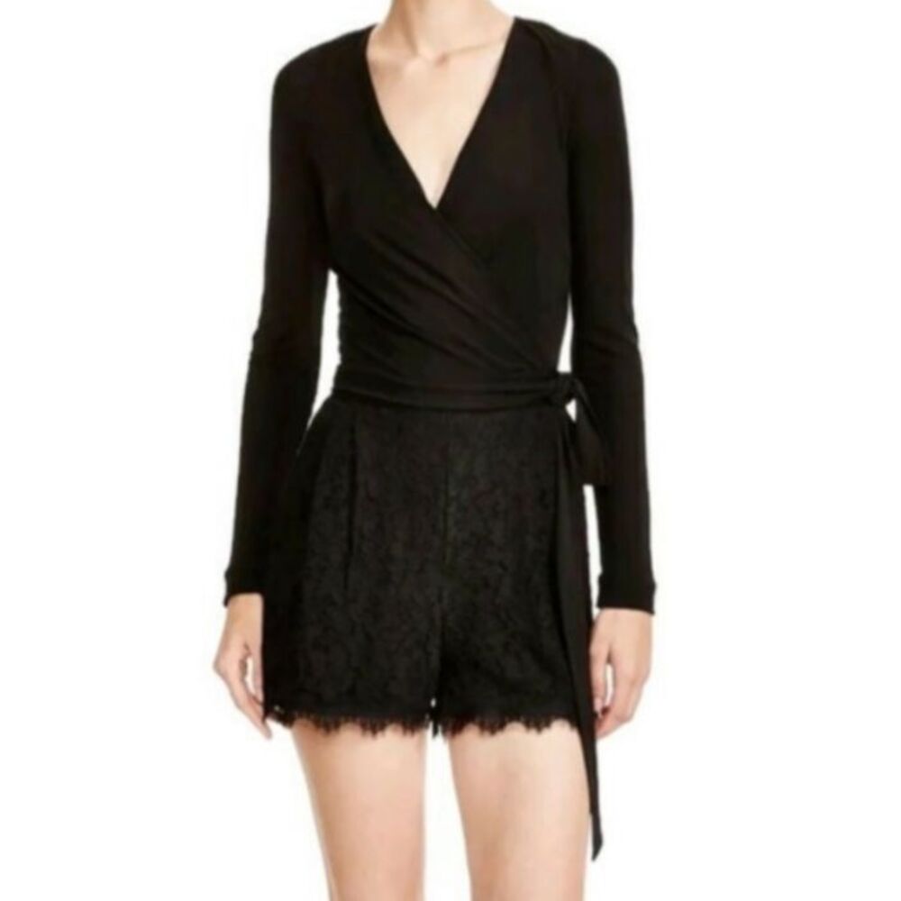 NWT Diane Von Furstenberg Tillie Long Sleeve Wrap Romper Dress Black Lace LBD 6